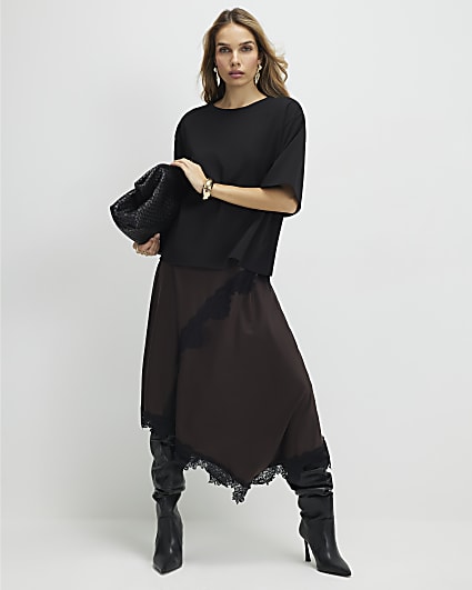 Brown Lace Hybrid T-Shirt Maxi Dress