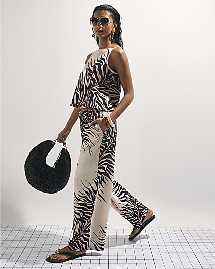 Cream Animal Print Trousers With Linen