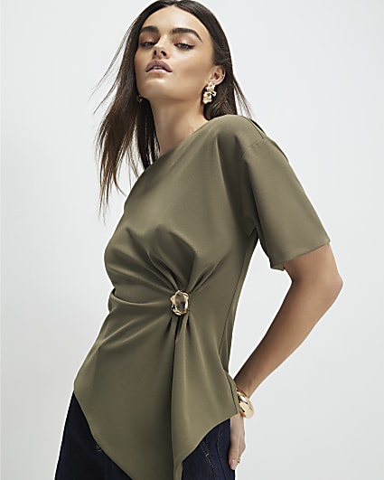 Khaki Short Sleeve Ruched Side Top