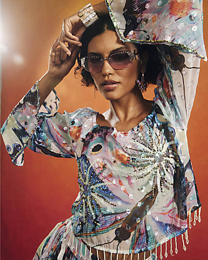 Purple Embellished Butterfly Bardot Top