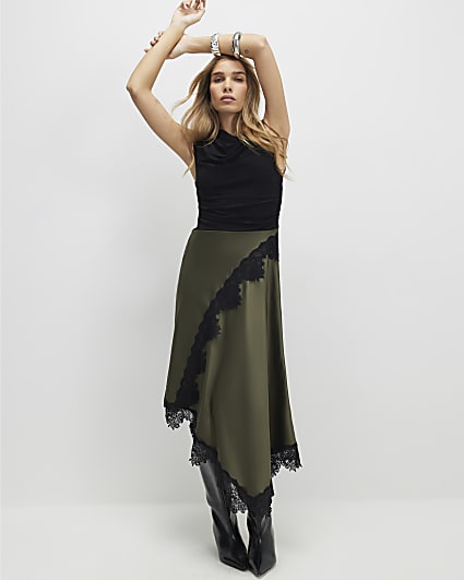 Khaki Lace Hybrid Drape Midi Dress