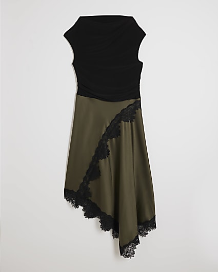 Petite Khaki Lace Hybrid Drape Maxi Dress