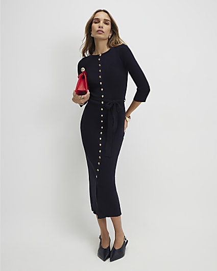 Navy Belted Ribbed Knit Midi Dress