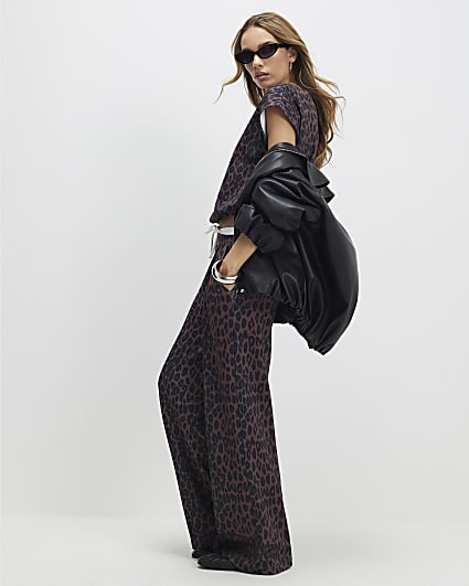 Black Leopard Print Wide Leg Trousers