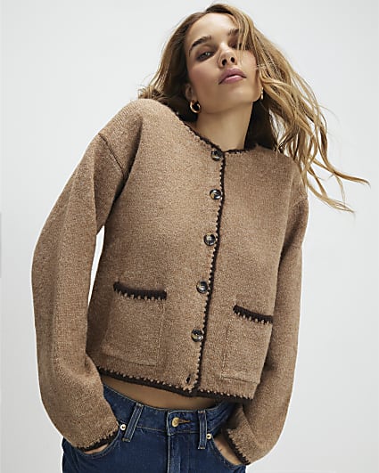 Brown Knitted Long Sleeve Whipstitch Cardigan