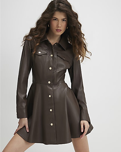 Brown Faux Leather Skater Mini Dress