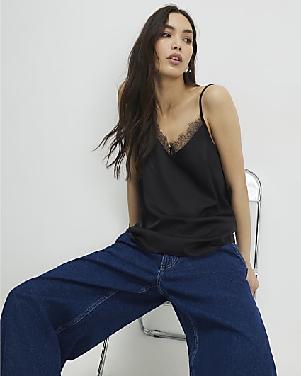 Black Satin Lace Trim Cami Top