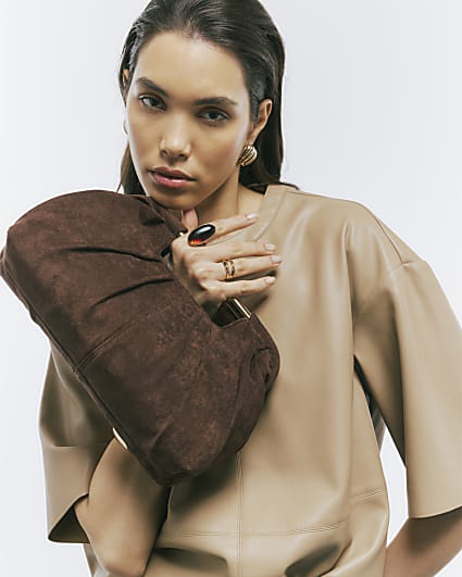Brown Faux Suede Ruched Clutch Bag