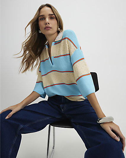 Blue Striped Knitted Polo Shirt