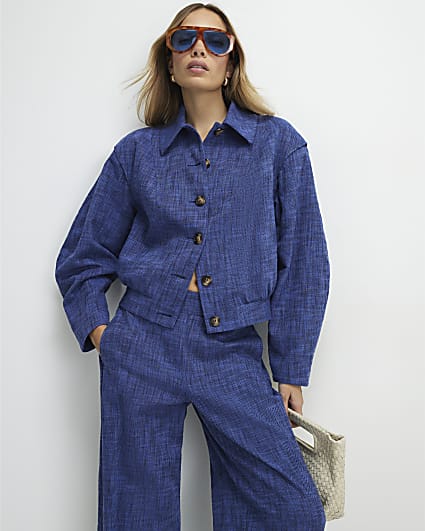 Navy Linen Look Tailored Bomber Jacket