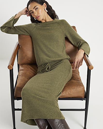 Khaki Long Sleeve Bubble Hem Cosy Ribbed Top