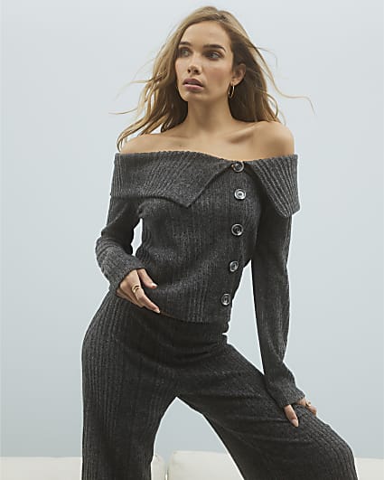 Grey Cosy Long Sleeve Button Bardot Top