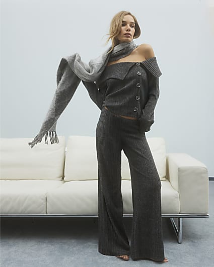 Grey Cosy Ribbed wide leg Trousers