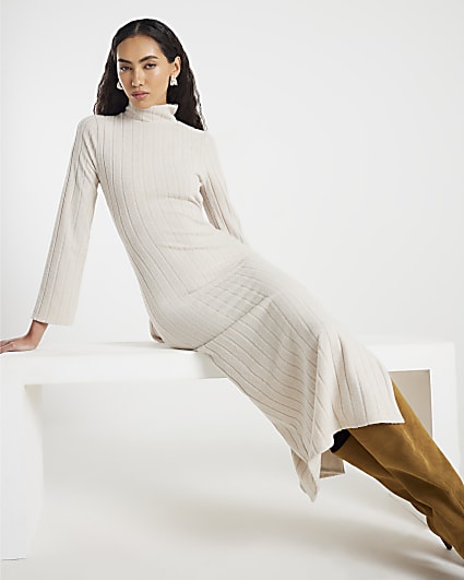 Beige Long Sleeve Cosy High Neck Belted Dress