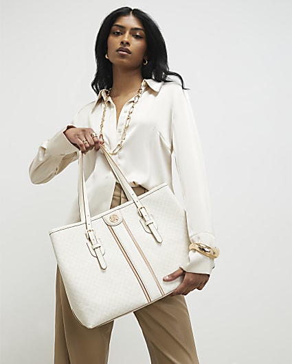 Cream Stripe Monogram Shopper Bag