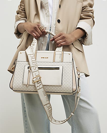 Beige Webbing Front Tote Bag