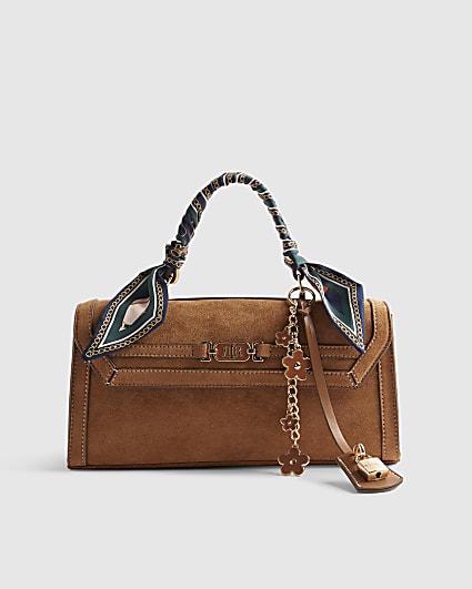 Brown Faux Suede Charms Cross Body Bag