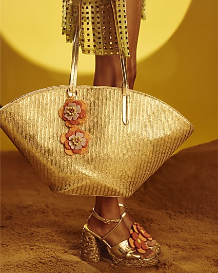 Gold Raffia Winged Shopper Bag