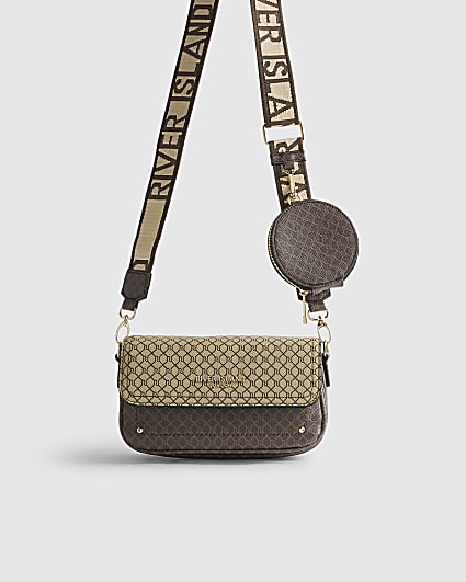 Brown Monogram Print Cross Body Bag