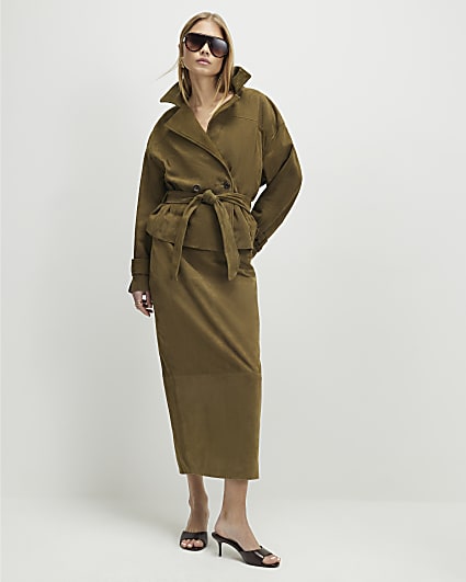 Green Suede Seam Detail Maxi Skirt