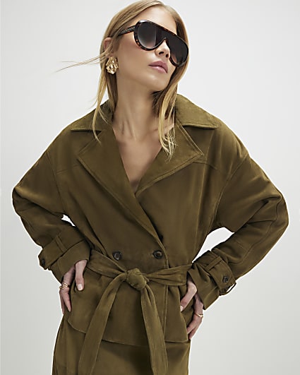 Green Suede Cropped Trench Coat