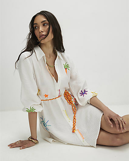 White Print Tie Shirt Dress