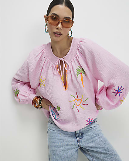 Pink Embroidered Conversational Print Shirt