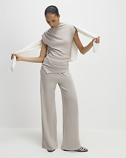 Beige Cosy Wide Leg Trousers