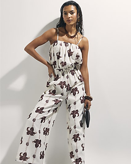 Cream Palm Print Jumpsuit