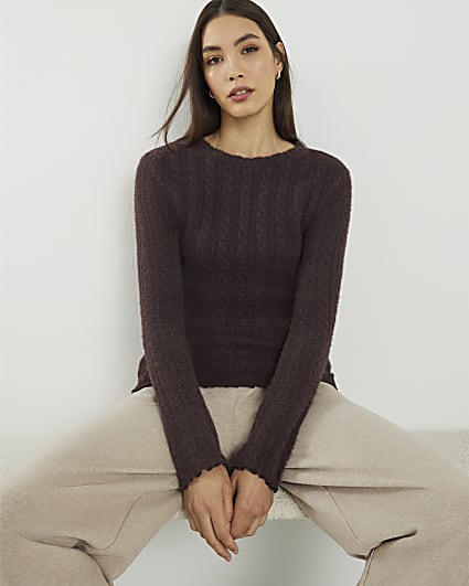 Brown Long Sleeve Cable Knit Fitted Top