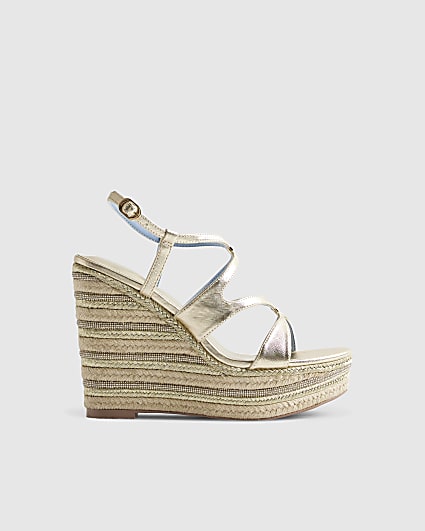 Gold Cross Strap Wedge Sandals