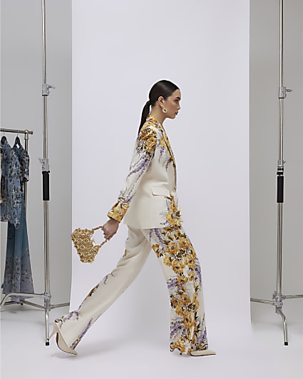 Cream Floral Flared Trousers