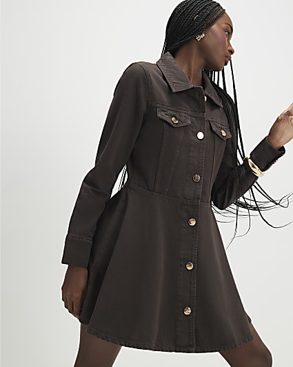 Brown Long Sleeve Button Up Denim Mini Dress
