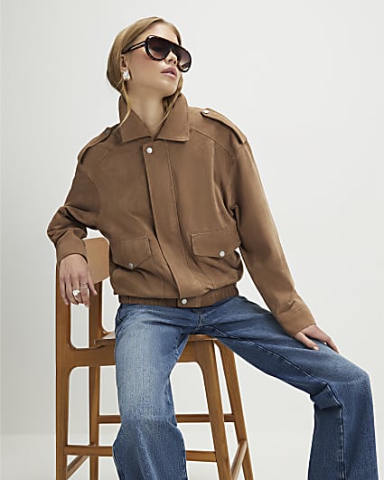 Beige Suede Oversized Bomber Jacket