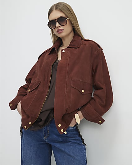 Brown Suede Oversized Bomber Jacket
