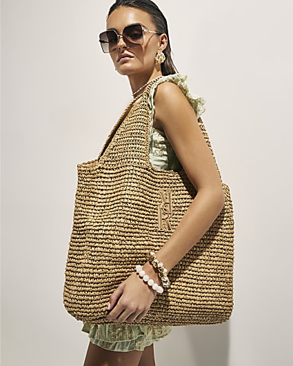 Beige Raffia Shopper Bag