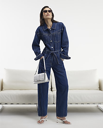 Blue Utility Belted Barrel Leg Denim Jumpsuit