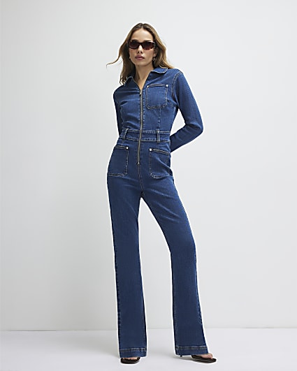 Blue Stretch Denim Straight Leg Jumpsuit