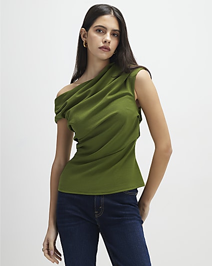 Khaki Short Sleeve Drape Off Shoulder Top