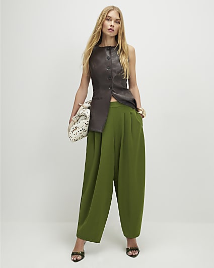 Khaki Balloon Leg Pleated Trousers