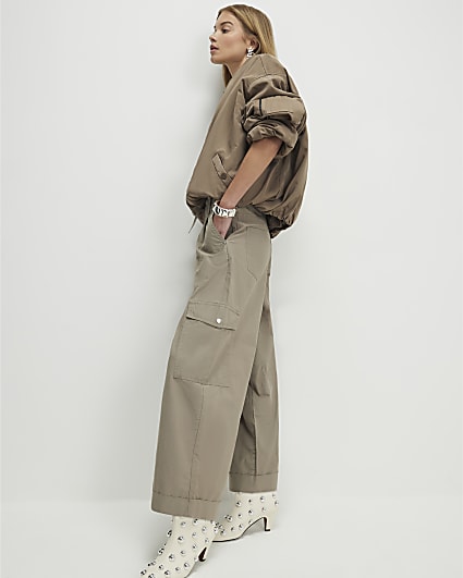 Beige Wide Leg Cargo Trousers