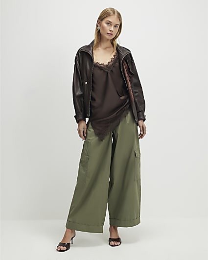 Khaki Wide Leg Cargo Trousers