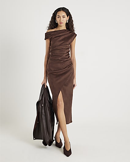 Brown Faux Suede Sleeveless Drape Midi Dress