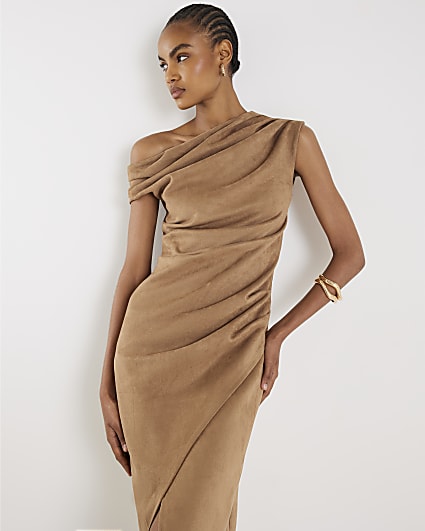 Beige Faux Suede Sleeveless Drape Midi Dress