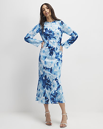 Blue Floral Long Sleeve Midi Dress