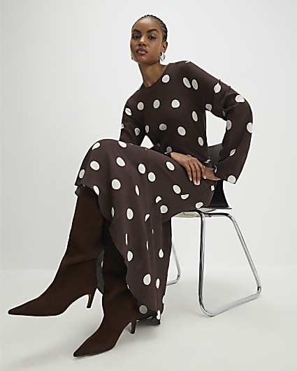Brown Long Sleeve Spot Print Midi Dress