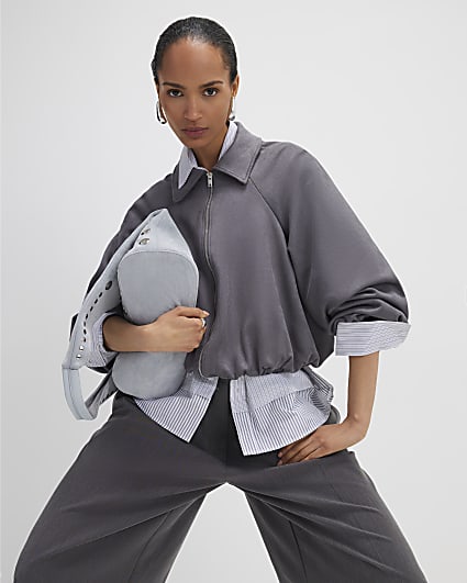 Grey Faux Suede Collared Bomber Jacket