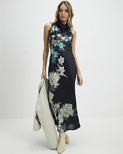 Black Floral Print Lace Trim Slip Dress