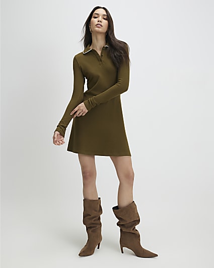 Khaki Cosy Fit and Flare Mini Dress