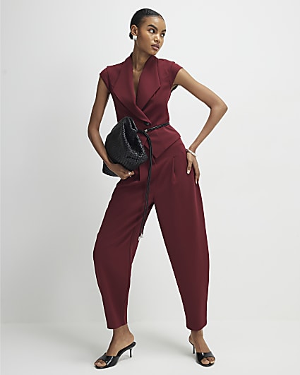 Red Pleated Tapered Trousers
